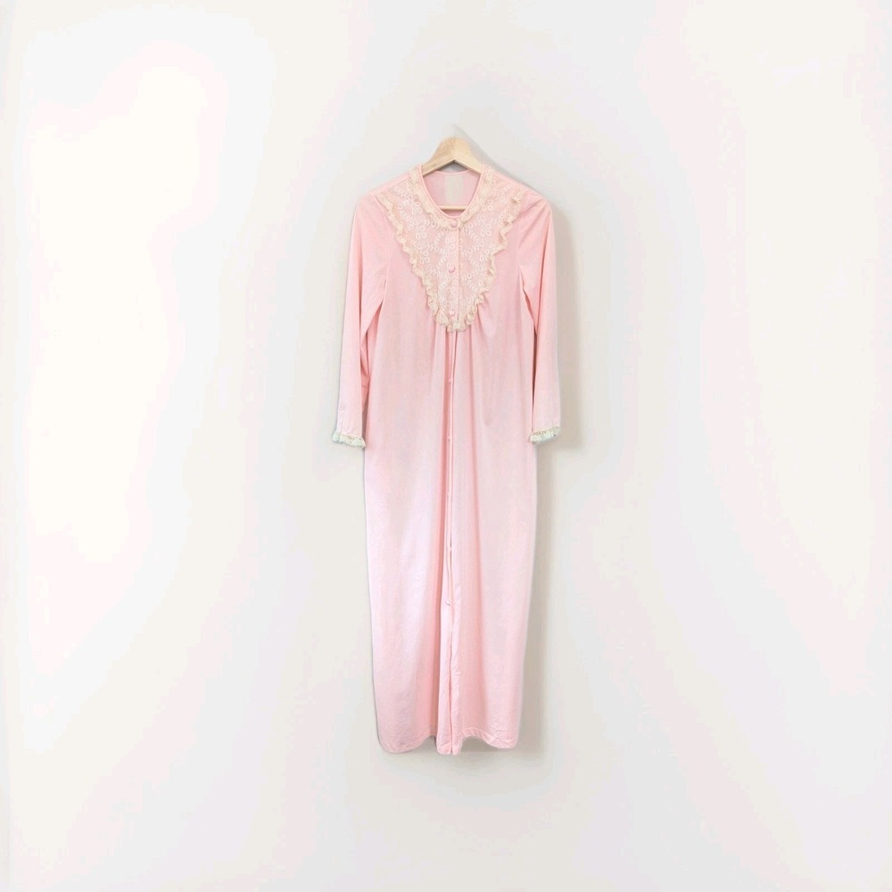 Vintage Gossard‎ Artemis Pink 70s  Peignor Robe Lace Bib Victorian Cottagecore S